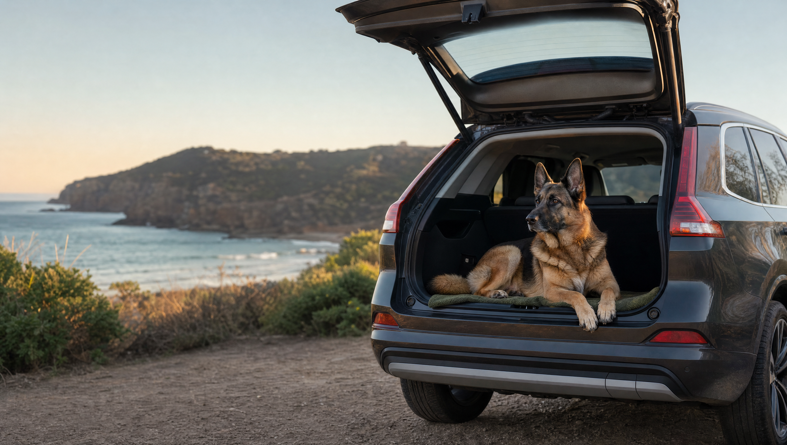 German Shepherd beside an SUV on a coastal drive