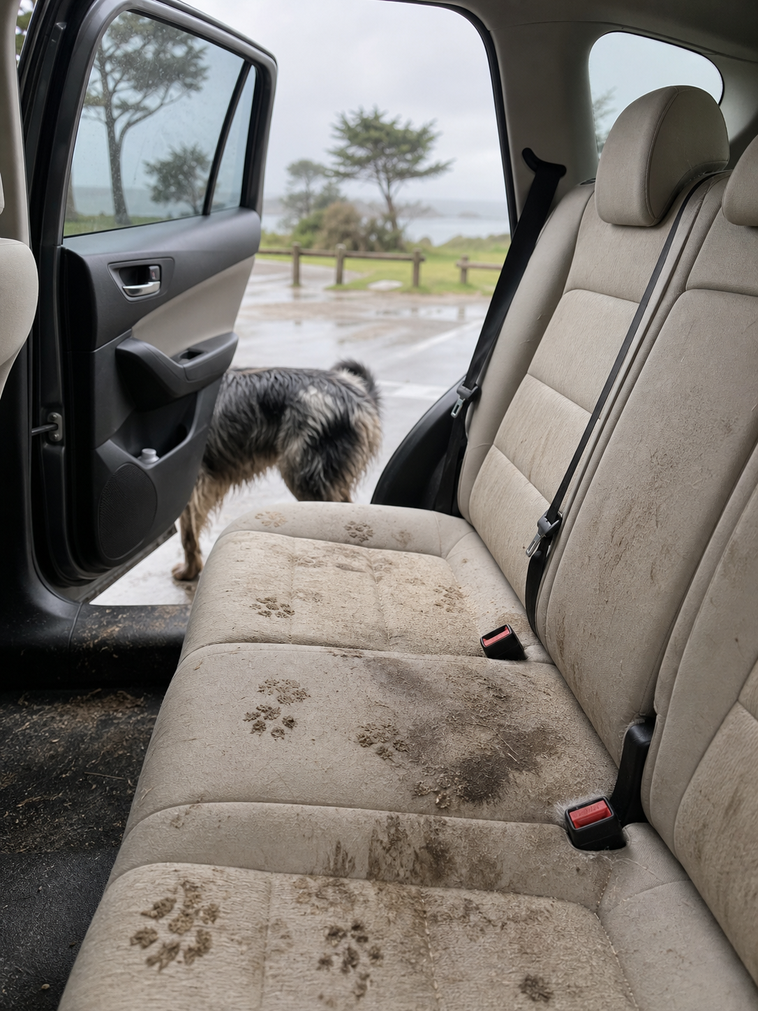 Muddy paw prints on a car back seat after a dog walk