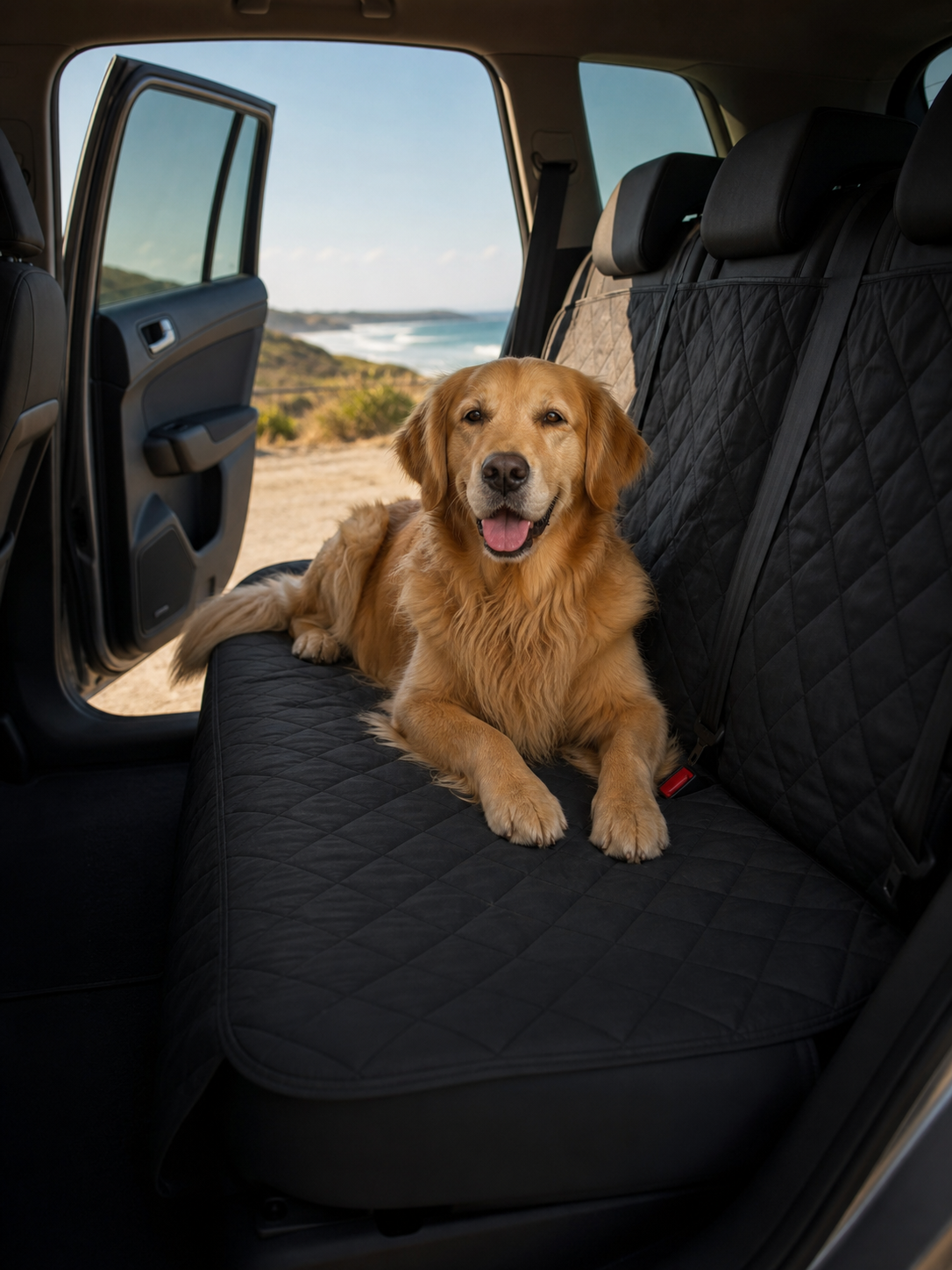 Large dog travelling on the rear bench seat of an SUV