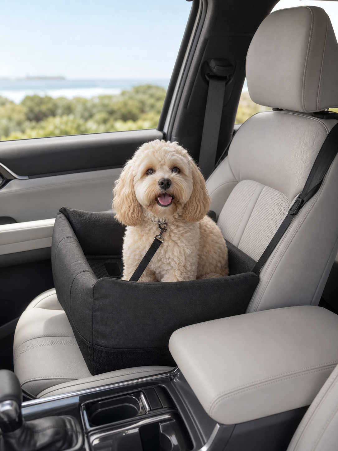 Small dog travelling in a console car seat